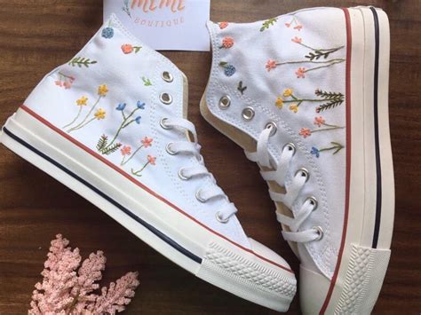 Mushroom and Flower Converse, Embroidery Design, Flower Garden Shoes, Midnight Mushroom Shoes, Converse Floral, Tiny Flower Embroidered a d vertisement b y JTwentyThree Ad vertisement from shop JTwentyThree JTwentyThree From shop JTwentyThree. . Embroidered flower converse